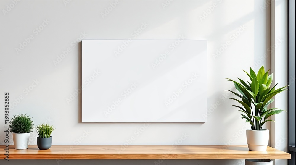 A blank white canvas hangs above a wooden tabletop display A blank white canvas hangs above a wooden tabletop display