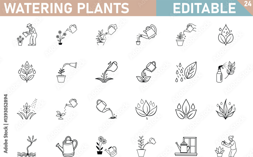 Naklejka premium Editable Line Art Icons Watering Plants, Gardening, Botany Illustrations