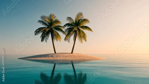 Tranquil Island Paradise: Two Palm Trees on a Secluded Atoll at Sunset