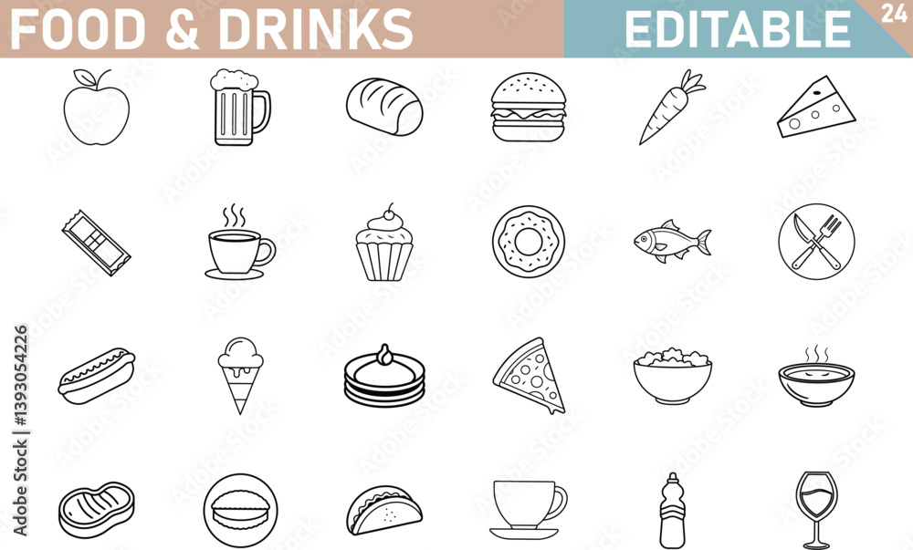 Editable Food and Drinks Icon Set Apple, Burger, Pizza, Beer Editable Food and Drinks Icon Set Apple, Burger, Pizza, Beer