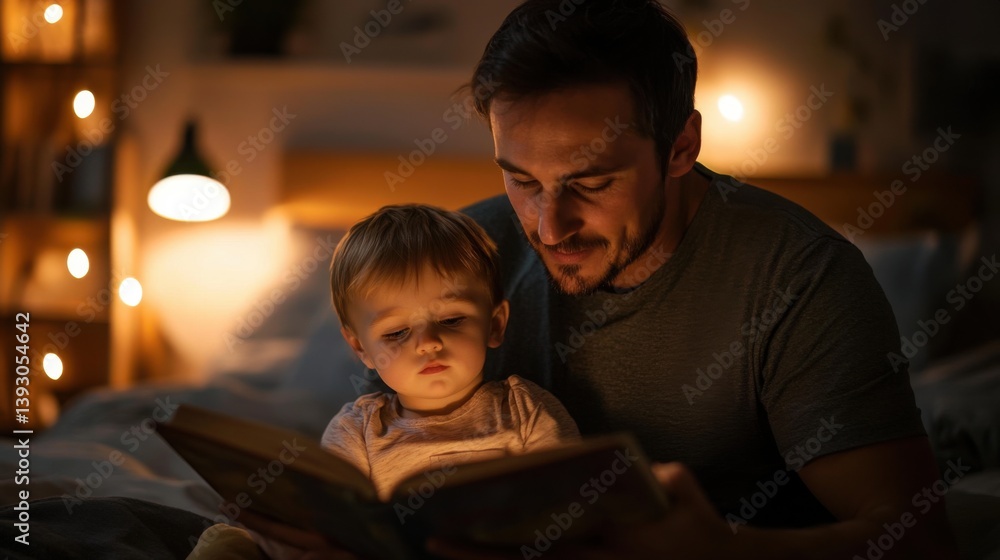 Adult reads book to child. Dim lights illuminate bedtime reading on cozy bed. Bonding moment between parent and offspring. Interior setting at night. Adult reads book to child. Dim lights illuminate bedtime reading on cozy bed. Bonding moment between parent and offspring. Interior setting at night.