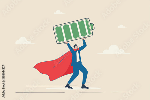 Full battery recharge, full energy to work or refresh from exhaustion, burnout recover, fuel employee or productive and efficient concept, energetic businessman superhero carry full recharge battery.