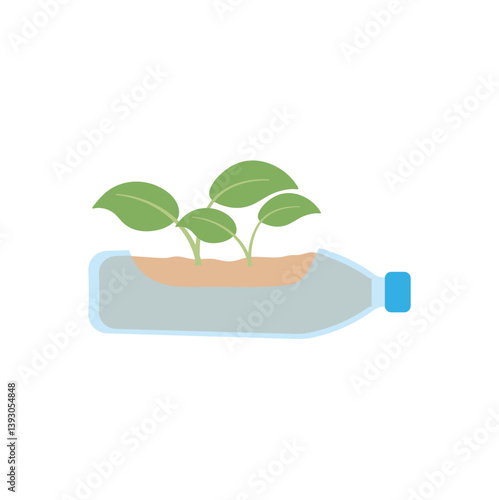 Green plants in pots from plastic bottles. Vector upcycling craft ideas illustration.
