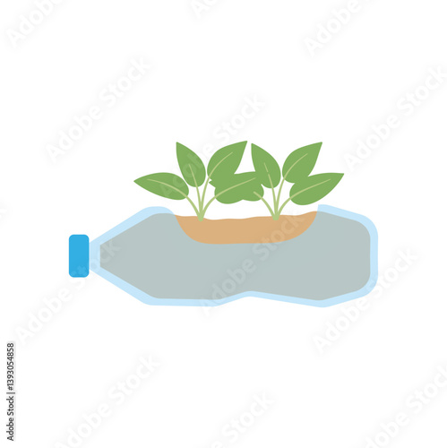 Green plants in pots from plastic bottles. Vector upcycling craft ideas illustration.