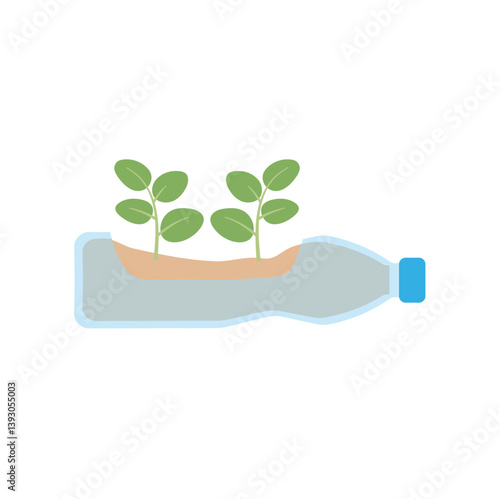 Green plants in pots from plastic bottles. Vector upcycling craft ideas illustration.