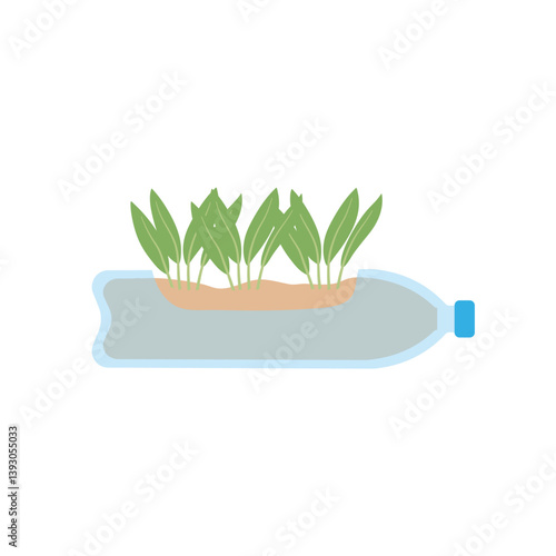 Green plants in pots from plastic bottles. Vector upcycling craft ideas illustration.