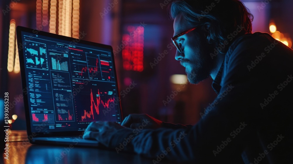 Man studies data on laptop screen. Charts graphs shown in dark environment. Person types on keyboard late at night in blue and red light. Man studies data on laptop screen. Charts graphs shown in dark environment. Person types on keyboard late at night in blue and red light.