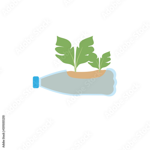 Green plants in pots from plastic bottles. Vector upcycling craft ideas illustration.