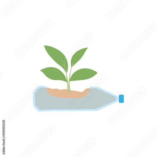 Green plants in pots from plastic bottles. Vector upcycling craft ideas illustration.