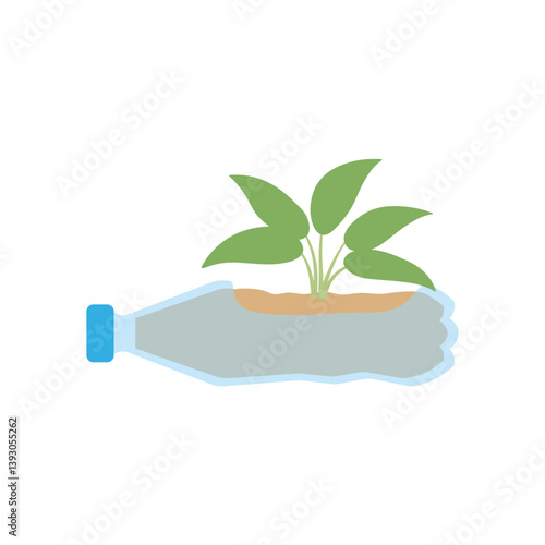 Green plants in pots from plastic bottles. Vector upcycling craft ideas illustration.