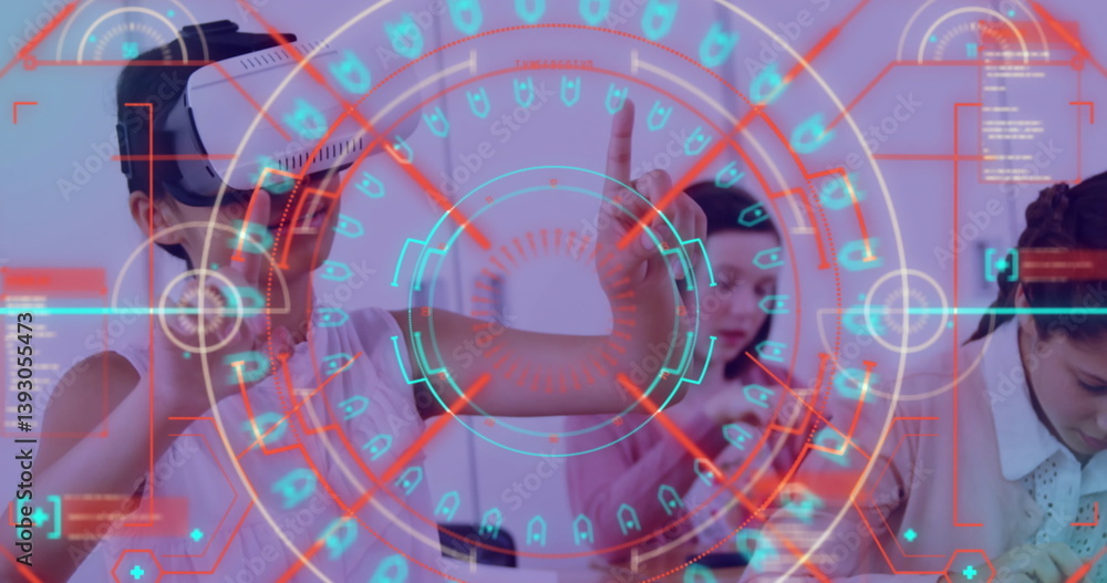 Data processing and scope scanning over against caucasian woman wearing vr headset at office Data processing and scope scanning over against caucasian woman wearing vr headset at office