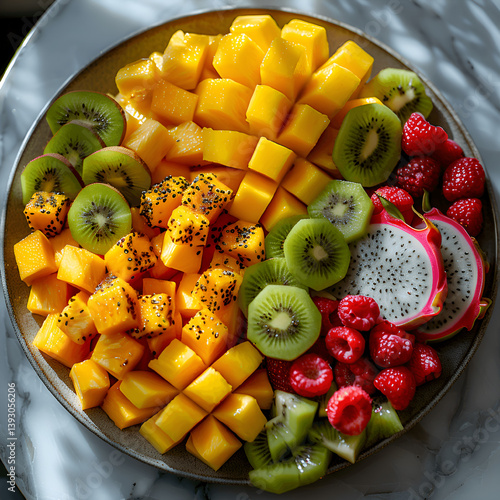 Tropical fruit platter with pineapple, mango, kiwi, and dragon fruit on a white marble table
