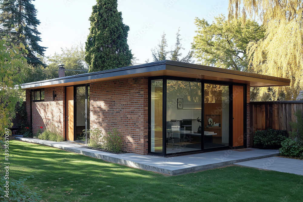 Modern Ranch-Style ADU with Brick and Wood Exterior in Garden Setting