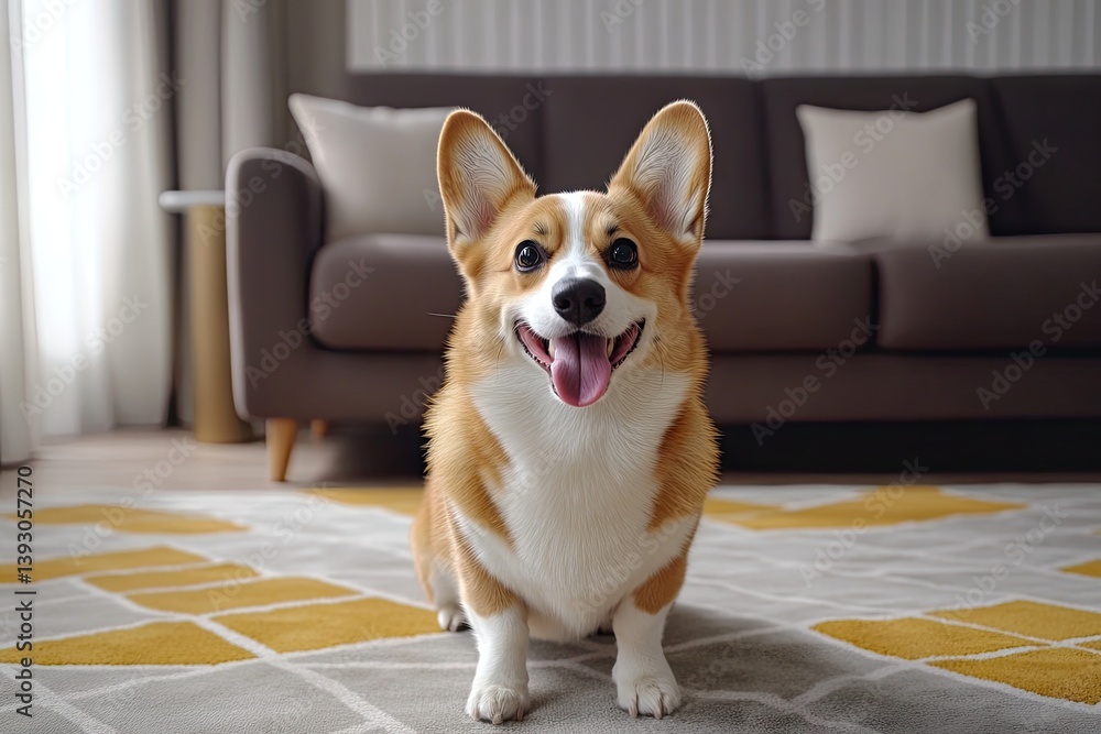 Adorable corgi sitting on a rug in a modern living room Adorable corgi sitting on a rug in a modern living room