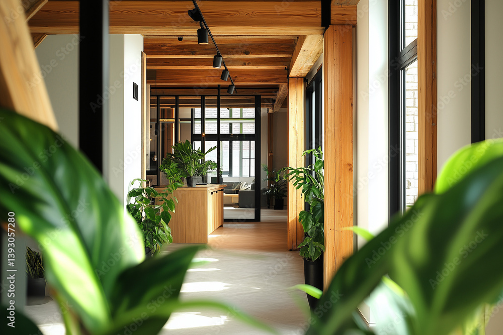Modern Biophilic Office Interior with Wooden Beams and Indoor Plants