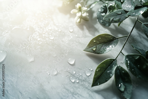 Close-Up of Dewy Green Leaves on a Fresh Wet Surface in Sunlight