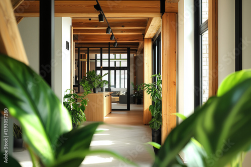 Obraz na płótnie Modern Biophilic Office Interior with Wooden Beams and Indoor Plants w salonie