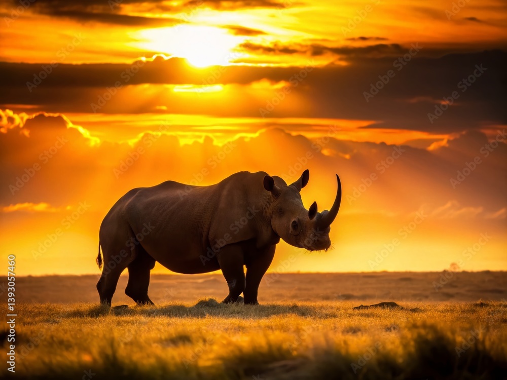 Fototapeta premium Majestic African Rhinoceros at Golden Hour Sunset A Stunning Capture of Wildlife in the African Savannah