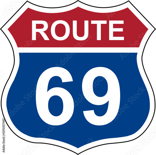 Route 69. Sign with route number. Designations of routes or tourist destinations. Road number. US route sign.