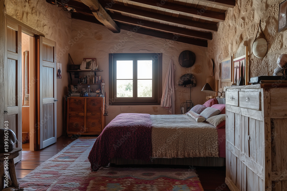 Rustic Bedroom with Stone Walls and Wooden Beams