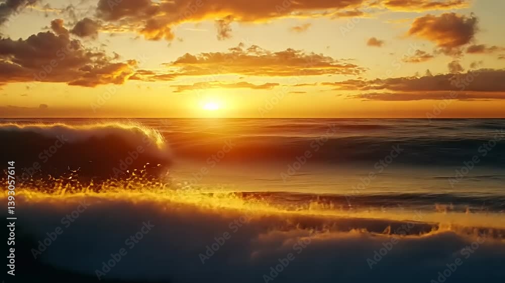 Serene sunset over ocean waves, capturing vibrant colors and tranquil atmosphere at dusk Serene sunset over ocean waves, capturing vibrant colors and tranquil atmosphere at dusk