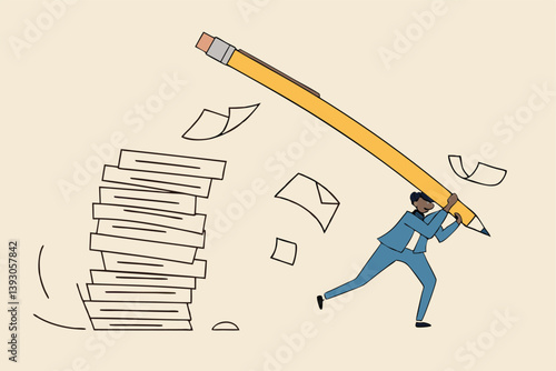Efficiency or productivity to finish work, manage busy workload or paperwork, project documents or overcome exhausted or challenge concept, businessman jump pole vault over busy document paper.