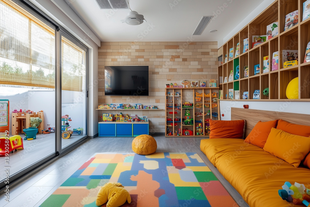 Modern Playroom with Colorful Toys and Seating