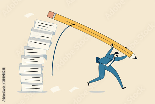 Efficiency or productivity to finish work, manage busy workload or paperwork, project documents or overcome exhausted or challenge concept, businessman jump pole vault over busy document paper.