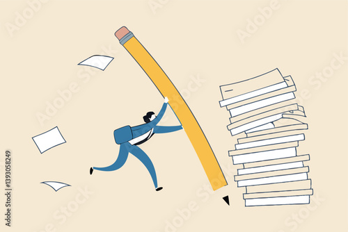 Efficiency or productivity to finish work, manage busy workload or paperwork, project documents or overcome exhausted or challenge concept, businessman jump pole vault over busy document paper.