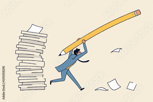 Efficiency or productivity to finish work, manage busy workload or paperwork, project documents or overcome exhausted or challenge concept, businessman jump pole vault over busy document paper.