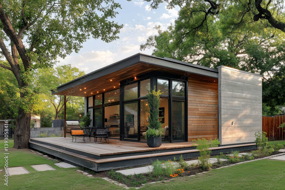 Modern Forest Cabin with Autumn Trees and Deck