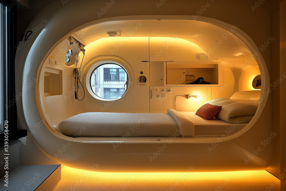 Modern Capsule Hotel Room with Cozy Bed