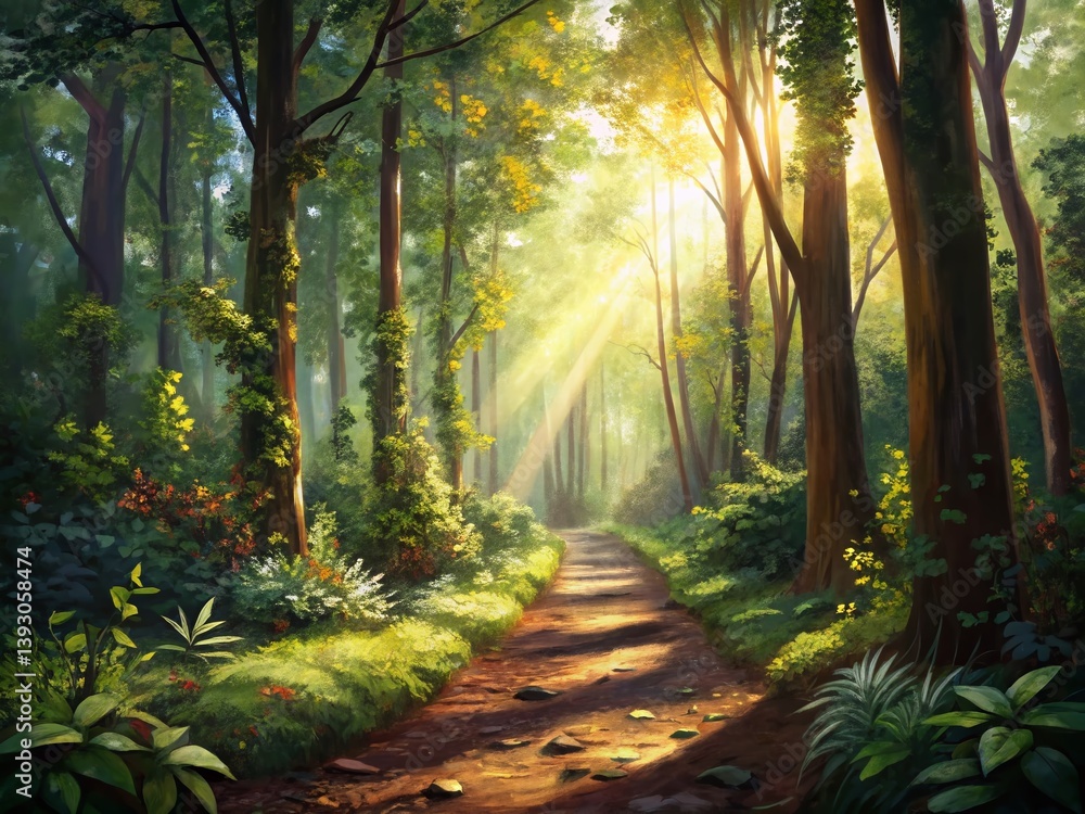 Sunlit Dirt Path Winding Through Lush Green Forest - Nature Stock Photo Sunlit Dirt Path Winding Through Lush Green Forest - Nature Stock Photo