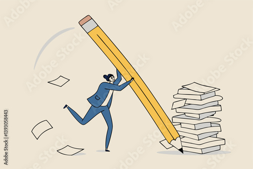 Efficiency or productivity to finish work, manage busy workload or paperwork, project documents or overcome exhausted or challenge concept, businessman jump pole vault over busy document paper.
