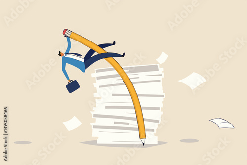 Efficiency or productivity to finish work, manage busy workload or paperwork, project documents or overcome exhausted or challenge concept, businessman jump pole vault over busy document paper.