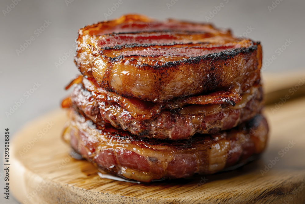 Delicious bacon wrapped burger stacked on wooden board, showcasing grill marks and juicy texture Delicious bacon wrapped burger stacked on wooden board, showcasing grill marks and juicy texture