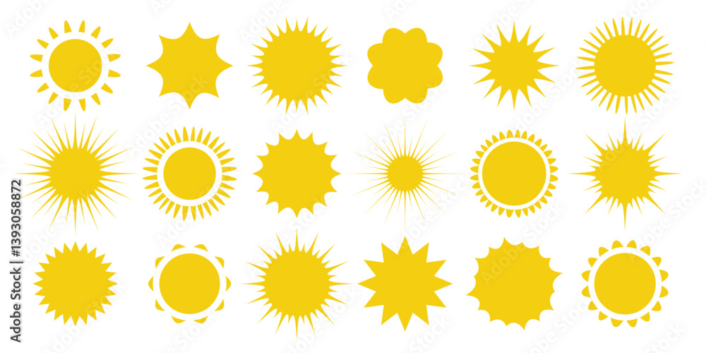 Set of suns. Yellow sun. Sun burst. Vector icon. Set of suns. Yellow sun. Sun burst. Vector icon.