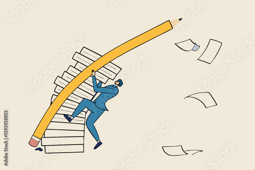 Efficiency or productivity to finish work, manage busy workload or paperwork, project documents or overcome exhausted or challenge concept, businessman jump pole vault over busy document paper.