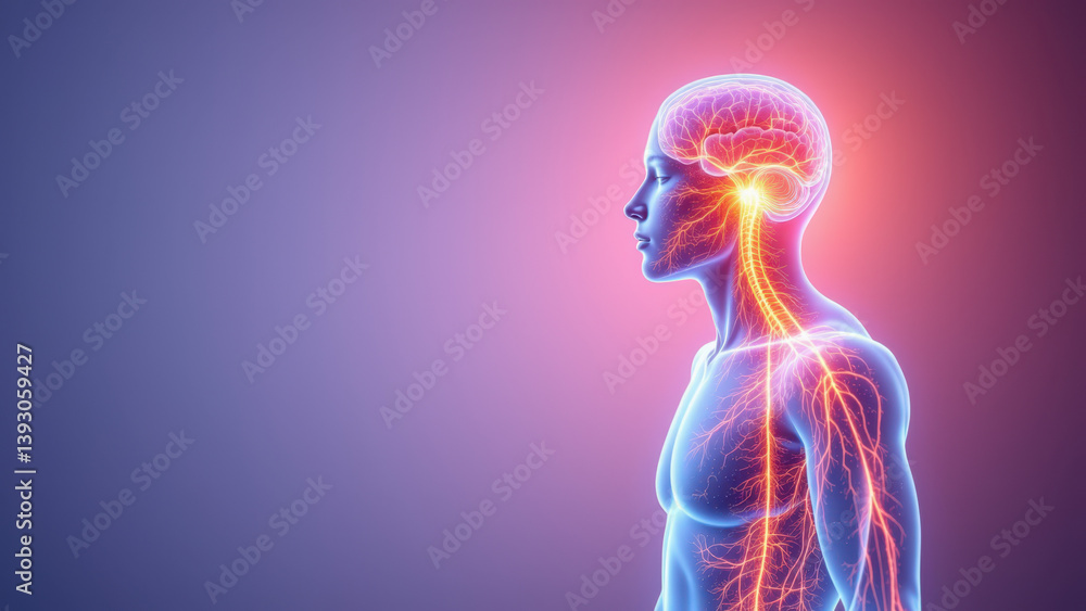 3D rendering of a human body with highlighted central nervous system showing VNS (Vagus Nerve Stimulation) pathway for treatment.