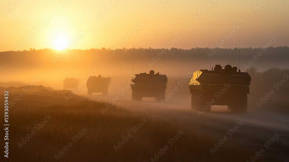 Military convoy of armored vehicles at sunset in the countryside Generative AI