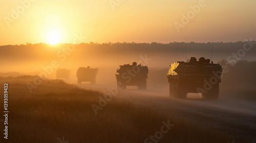 Obraz na płótnie Military convoy of armored vehicles at sunset in the countryside Generative AI w salonie