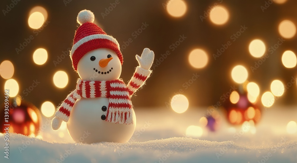Joyful snowman figurine in snowy scene, festive lights Joyful snowman figurine in snowy scene, festive lights