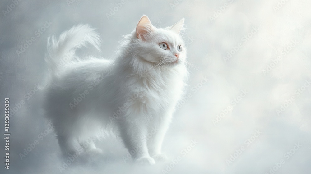 Fototapeta premium A fluffy white cat gazes to the right with striking eyes, set against a soft, muted backdrop. Elegant and serene