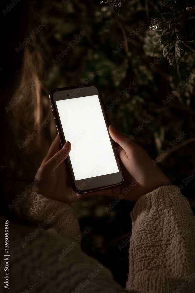 A mobile phone with a white screen in women's hand