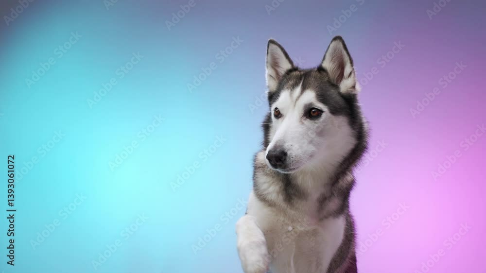 A husky extends its paw forward playfully against a vibrant gradient background. The scene highlights its energetic and lively demeanor. A husky extends its paw forward playfully against a vibrant gradient background. The scene highlights its energetic and lively demeanor.