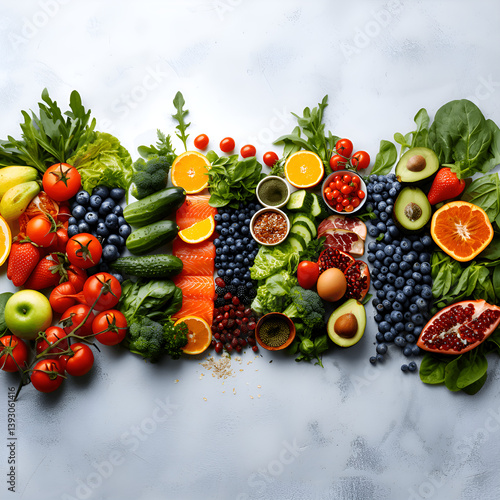 Fruits, Vegetables, greens, eggs and fish distributed on the sides and a white bac