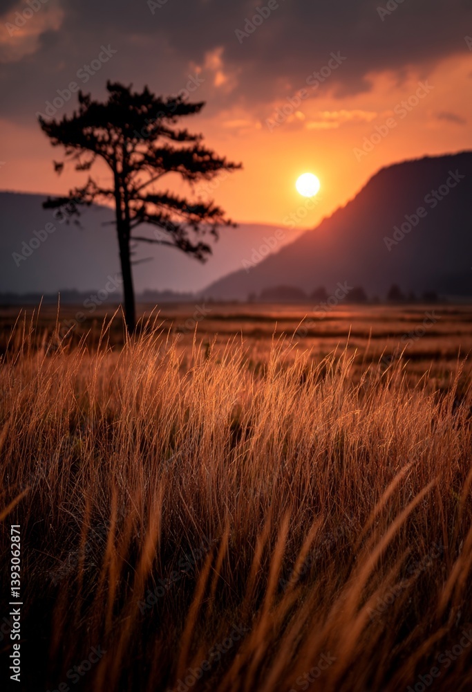 a lone tree in the middle of a field with tall grass, surrounded by hills in the background and a sky with clouds illuminated by the setting sun a lone tree in the middle of a field with tall grass, surrounded by hills in the background and a sky with clouds illuminated by the setting sun