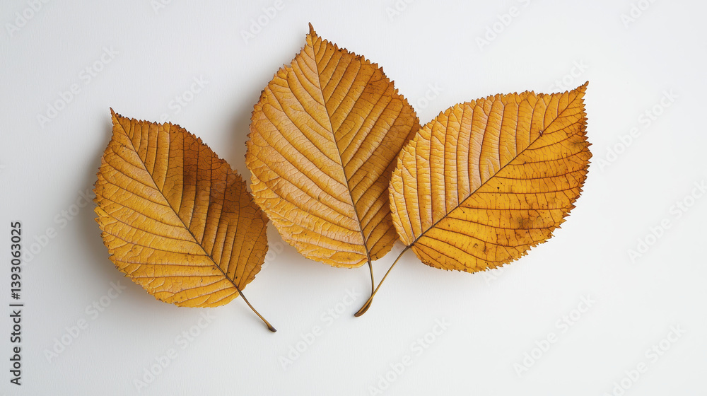 Golden autumn leaves arranged on light background, showcasing their texture and color Golden autumn leaves arranged on light background, showcasing their texture and color