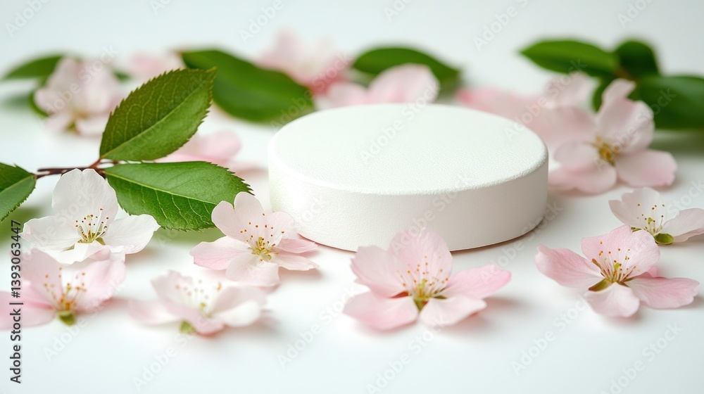 White podium surrounded by spring blossoms White podium surrounded by spring blossoms