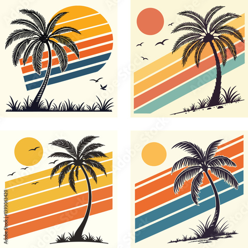 A palm tree silhouette on retro stripes with a sun background